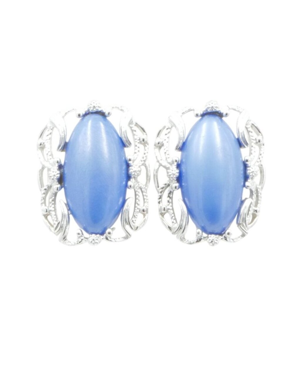 Sarah Coventry Blue Cabochon Clip Earrings Silver Tone Filigree Vintage